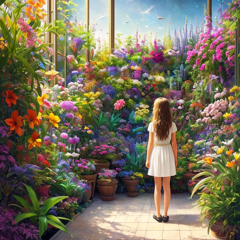 (highest quality,master piece),(highly detailed colorful),
A space garden with exotic plants and animals
,perfect composition, Best Exhibitions, (golden ratio:1.2)
, HDR, dramatic,cinematic lighting, Trending with ArtStation,Trending on CGsociety, professional oil painting,huge amount of detail,a girl is standing, back view of girl, long hair
