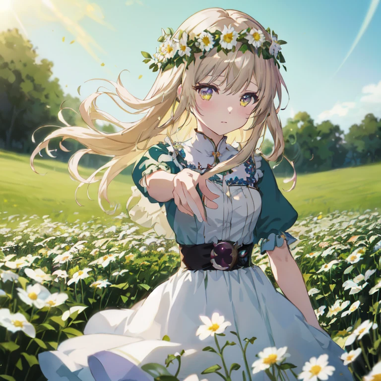 anime girl in a field of daisies with a flower crown, cushart krenz key art feminine, official art, violet evergarden, render of april, official artwork,  in dress, guweiz on pixiv artstation, anime visual of a cute girl, smooth anime cg art, high detailed official artwork, rin