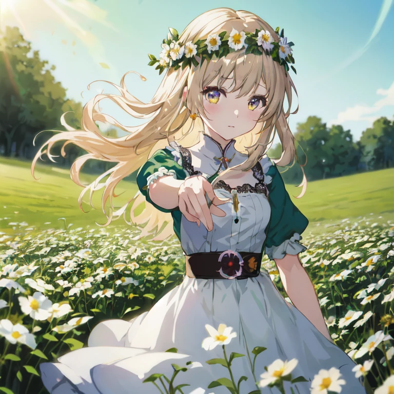 anime girl in a field of daisies with a flower crown, cushart krenz key art feminine, official art, violet evergarden, render of april, official artwork,  in dress, guweiz on pixiv artstation, anime visual of a cute girl, smooth anime cg art, high detailed official artwork, rin