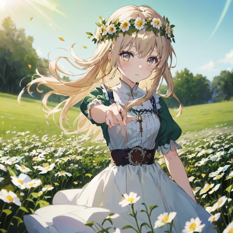 anime girl in a field of daisies with a flower crown, cushart krenz key art feminine, official art, violet evergarden, render of april, official artwork,  in dress, guweiz on pixiv artstation, anime visual of a cute girl, smooth anime cg art, high detailed official artwork, rin