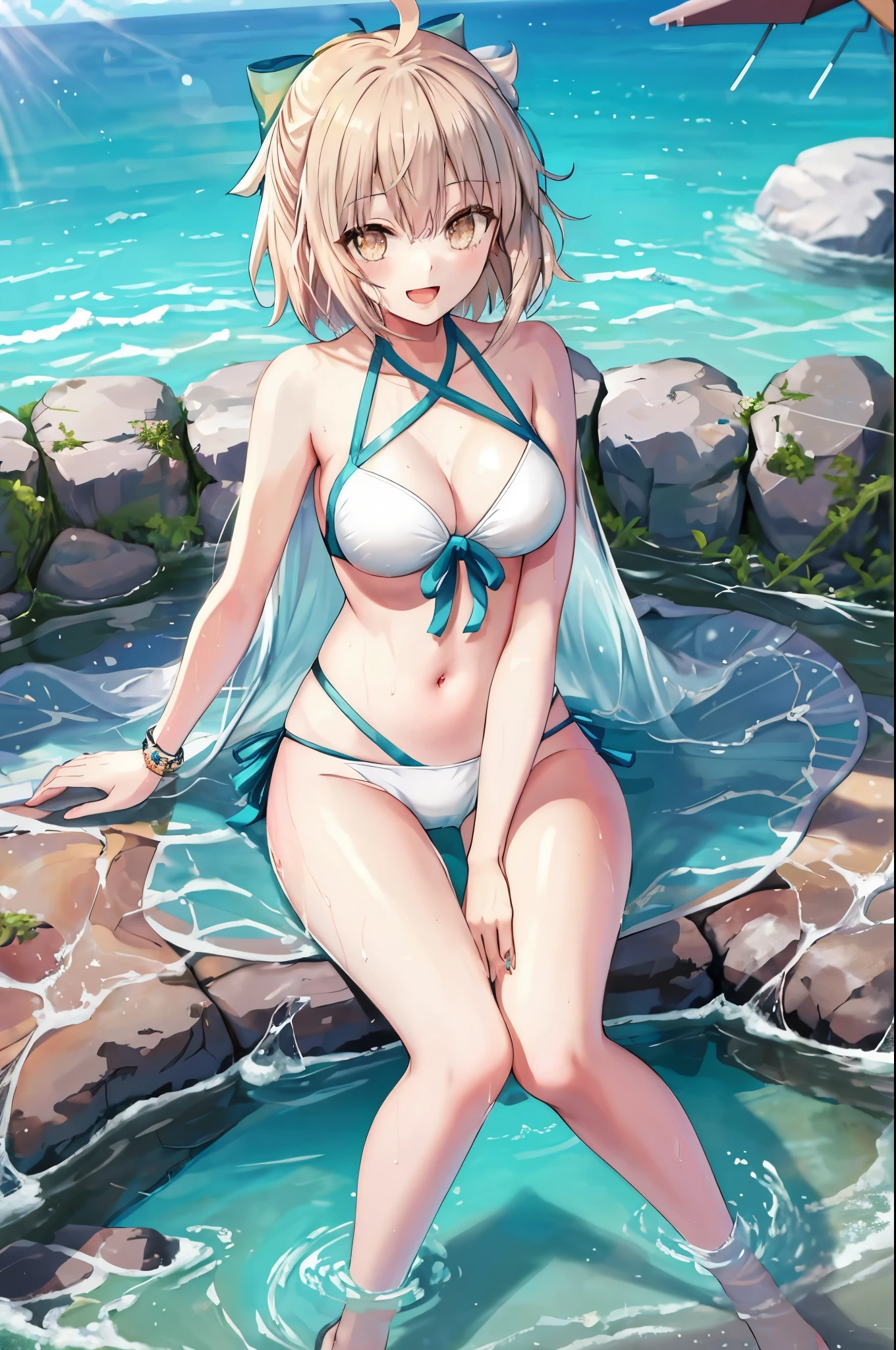 masterpiece, best quality,extremely detailed CG unity 8k wallpaper,
1girl,okita souji \(fate\), swimsuit,bikini,
smile,open_mouth,sitting,sunlight,splash_of_water,happy,gold_eyes,half_eyes,apart_legs,rising_knee,open_legs,covered_pussy,