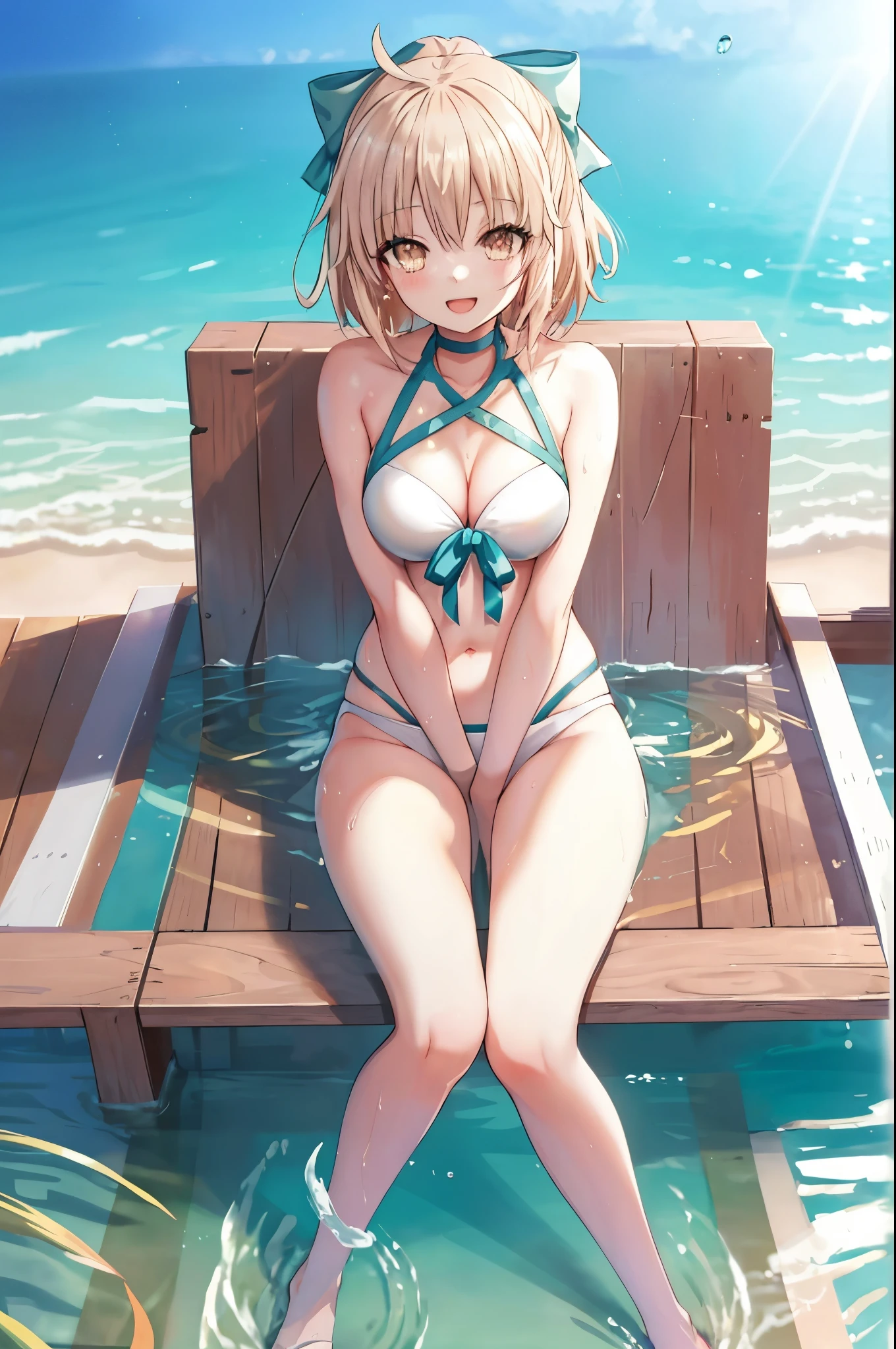 masterpiece, best quality,extremely detailed CG unity 8k wallpaper,
1girl,okita souji \(fate\), swimsuit,bikini,
smile,open_mouth,sitting,sunlight,splash_of_water,happy,gold_eyes,half_eyes,apart_legs,rising_knee,open_legs,covered_pussy,