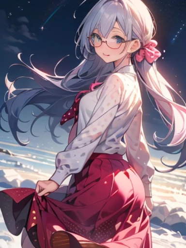 Take a photo from the front、snow country、The arrival of winter、big butt、 (alone:1.5,)Super detailed,bright colors, very beautiful detailed anime face and eyes, look straight,  shiny_skin,girl, (((rainbow colored hair, colorful hair, Half blue、半分はpinkの髪: 1.2))) 、off shoulder、forehead is exposed、shiny hair, delicate beautiful face, blush、(turquoise eyes), White skin, Valletta, mature earrings,、(Winter clothes）、(((pink、long skirt、polka dot skirt)))、long twin tails、Rimless Glasses、tomorrow night sky