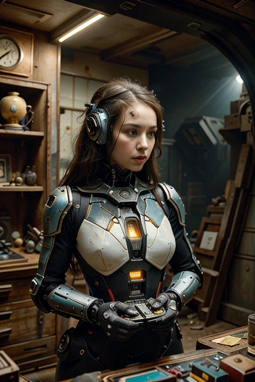 (best quality,4k,8k,highres,masterpiece:1.37), ultra-detailed, (realistic,photorealistic,photo-realistic:1.37), (aerial view), (top down perspective), 1woman, (the focal point is a woman pulling a video game cartridge out of a futuristic artifact chest full of retro video game cartridges:1.6), (the woman is looking at the box:1.4), (Futuristic artifact box), (the artifact box is open), (The scene unfolds inside a mystical cavern:1.4), joints, mecha (The woman is wearing an insectoid exoskeleton made with glass details, covering her entire body:1.5), (dynamic angle:1.37), reelmech, mechanical parts, (The woman's hair is made of fractal technologic components:1.5), (fantasy and sci-fi mixed:1.5), holographic glitch effects floats around the woman, vibrant colors, (A blue glow emanates from inside the treasure chest), glowing lights, (abandoned machinery), (there are old video game cartridges and consoles on the background), mystical creatures, pixelated details, (there are crystal formations spreading on the background), (futuristic technology), (ancient artifacts), mystical energy, vibrant retro aesthetic, atmospheric lighting, ancient ruins, mysterious symbols, shimmering water, lush vegetation, interdimensional portals, nostalgic atmosphere, immersive storytelling, epic adventure, delightful surprises