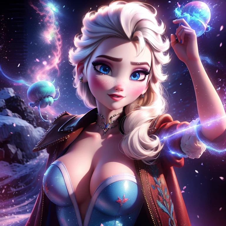 (better quality,ultra-detailed,Realistic:1.37)、Sorcière attaquante avec la magie du givre、Une jeune femme de 18 ans、(piercing eyes:1.5)、look agressif、Elegant outfit、electric arcs dance around'elle、hold a large magic scepter enchanted with frost magic,outside, scene of launching an attack with a magic circle, an ice cream cone , corps entier,pas de robe; lingerie couleur vive, gros seins,porte jarretelle,elsa