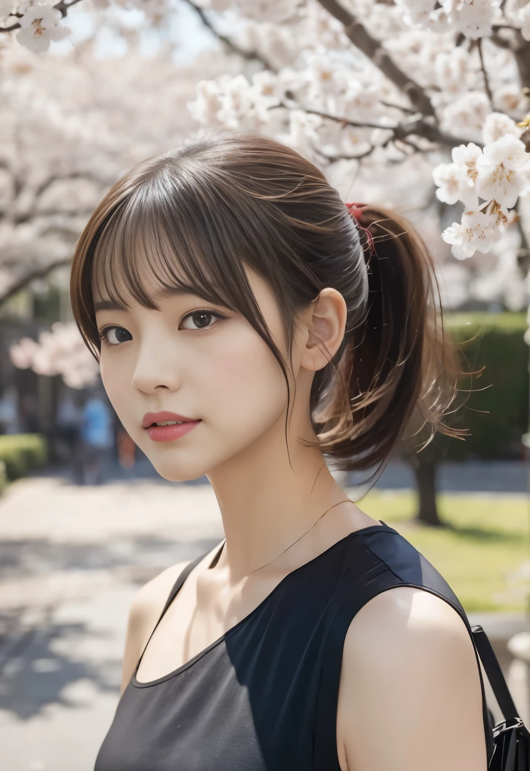 ponytail:1.3, medium bob:1.2, cherry blossoms