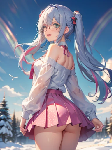 Take a photo from the front、snow country、The arrival of winter、big butt、 (alone:1.5,)Super detailed,bright colors, very beautiful detailed anime face and eyes, look straight, ;d, shiny_skin,girl, (((rainbow colored hair, colorful hair, Half blue、半分はpinkの髪: 1.2))) 、off shoulder、forehead is exposed.、green eyes、、shiny hair, delicate beautiful face, blush、(turquoise eyes), White skin, Valletta, mature earrings,、(Winter clothes)、(((pink、long skirt、polka dot skirt)))、long twin tails、Rimless Glasses、tomorrow night sky