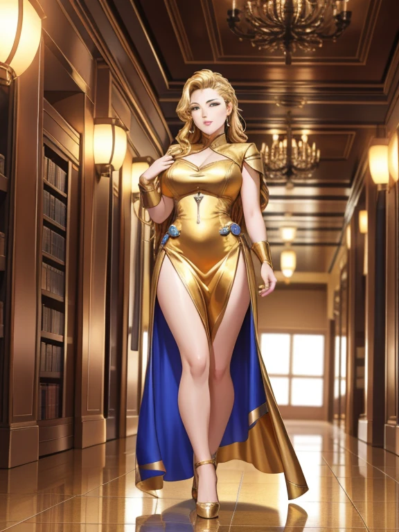 A woman in her 40s wearing a gold dress standing in a hallway, Villain cyborg movie stills, jackie tsai style, Human Soldier, pistol, Inspired by Tang Sin Yun Sandara, Photographed with an anamorphic lens, syndicate(2012), beauty pageant rendering, Library of Babel, Blonde Inc., Golden silver elements, Hold the gun --ar 16:9