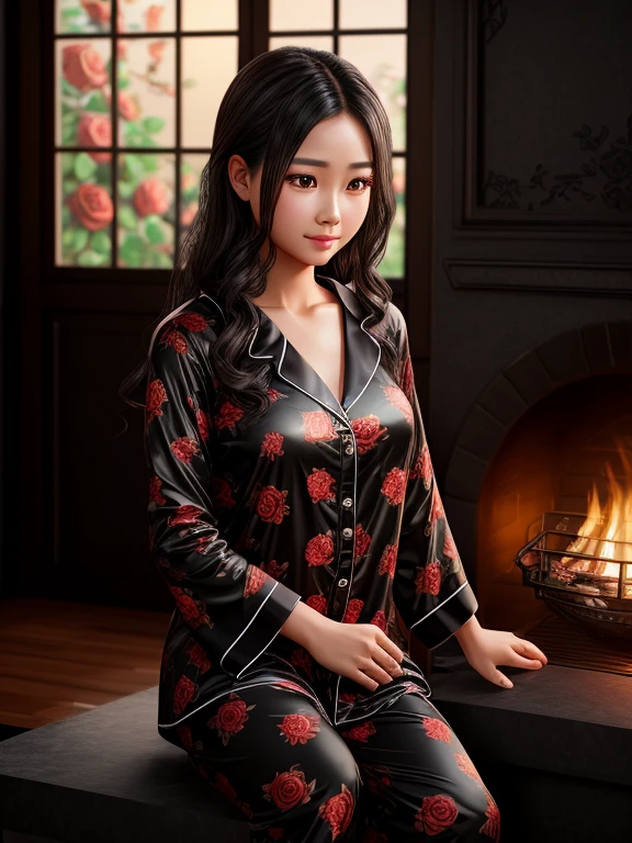 grill surrounded by black roses, And the sunlight is shining through the window, Create a warm and cozy atmosphere. she was wearing wet pajamas, asia myanmar girl, realistic, highest quality, photo-realistic 8k, (highest quality:1.1), masterpiece, (realistic:1.1), photo-realistic