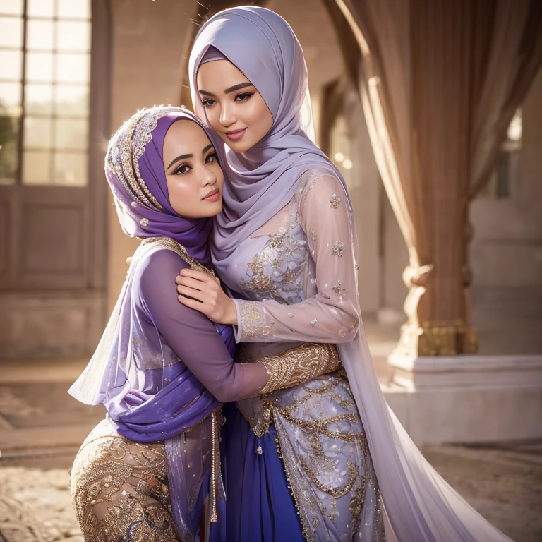 half body, beautiful muslimah girls, wearing traditional transparent silk kebaya, a couple, ultra-detailed, detailed faces, detailed skins, 8k masterpieces, cinematic lighting, perfect round bosom, voluptuous bosom, slim and slender body, long hijab, eid mubarak, in malay village, in the meadow, seducing the viewer, seductive face, flirting, revealing, intimacy, looking at each other, hands squeezing the bosom