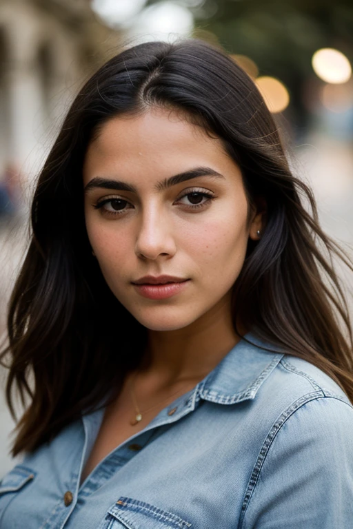 fotografia de uma mulher, (serene facial expression), pele texturizada, arrepio, cabelo castanho comprido, shirt with jeans, selfie, paisagem Lisboa, olhos perfeitos, Suporte de 160 cores, filmado em ARRI ALEXA 65, Bokeh, sharp focus on the subject, filmado por Don McCullin