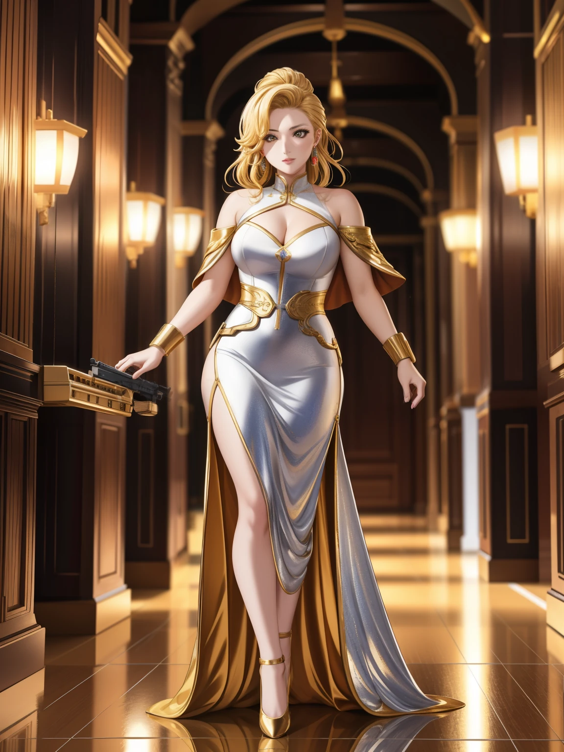 A woman in her 40s wearing a gold dress standing in a hallway, Villain cyborg movie stills, jackie tsai style, Human Soldier, pistol, Inspired by Tang Sin Yun Sandara, Photographed with an anamorphic lens, syndicate(2012), beauty pageant rendering, Library of Babel, Blonde Inc., Golden silver elements, Hold the gun --ar 16:9