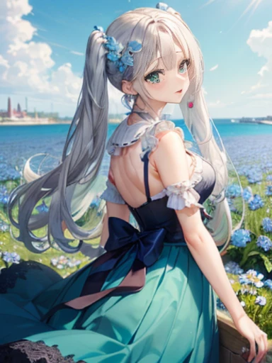 The arrival of spring、big butt、 (alone:1.5,)Super detailed,bright colors, very beautiful detailed anime face and eyes, look straight, ;d, shiny_skin,girl, ((silver long hair,Inner color is red 、forehead is exposed.、green eyes、、shiny hair, delicate beautiful face, blush、(turquoise eyes), White skin, Valletta, earrings,、blue flower field、ta Bous、Lace long skirt、twin tails