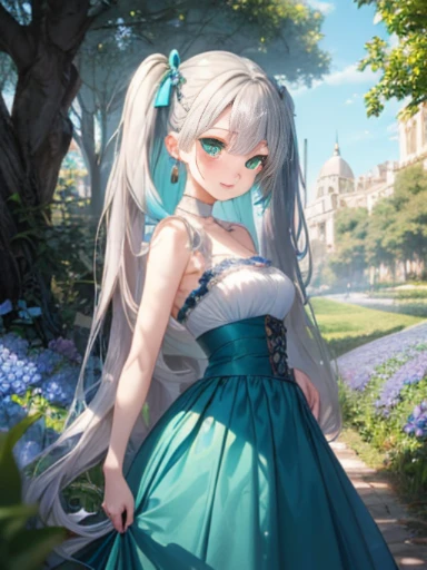 The arrival of spring、big butt、 (alone:1.5,)Super detailed,bright colors, very beautiful detailed anime face and eyes, look straight, ;d, shiny_skin,girl, ((silver long hair,Inner color is red 、forehead is exposed.、green eyes、、shiny hair, delicate beautiful face, blush、(turquoise eyes), White skin, Valletta, earrings,、blue flower field、 (Iwanaga Dress:1.2), (iwanagakotoko:0.9)、Lace long skirt、twin tails
