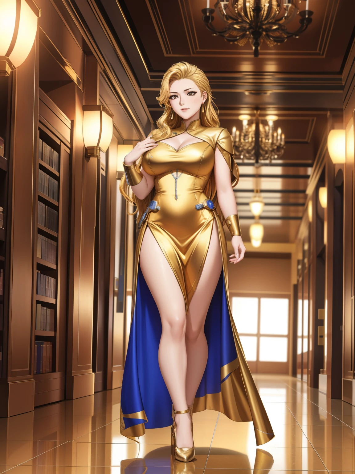 A woman in her 40s wearing a gold dress standing in a hallway, Villain cyborg movie stills, jackie tsai style, Human Soldier, pistol, Inspired by Tang Sin Yun Sandara, Photographed with an anamorphic lens, syndicate(2012), beauty pageant rendering, Library of Babel, Blonde Inc., Golden silver elements, Hold the gun --ar 16:9