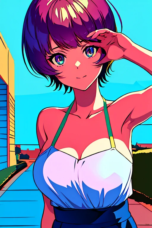 mature female, mature, Adult, himeno, himeno(Chainsaw Man), 1girl, black hair, short hair, eyepatch, Himeno(Chainsaw Man), solo, Grin, chest, View your audience, Seductive smile, Beach, Night, Pink leotard, masterpiece, Top animation quality，Top image quality,