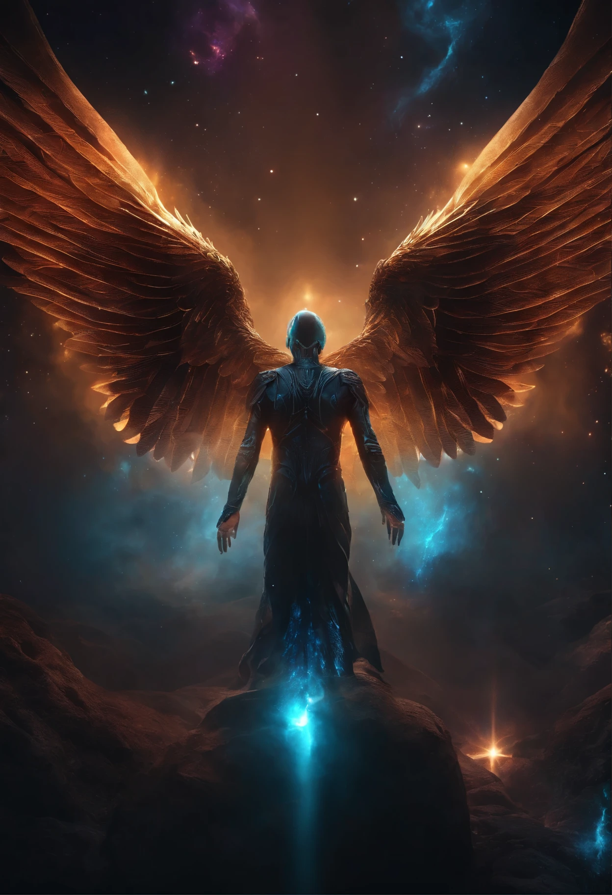 cosmic fallen angel, glowing light eyes, biomechanical, creepy, nasty, nightmarish, very bright colors, light particles, with glowing light, Mschiff, Wallpaper Art, UHD wallpapers