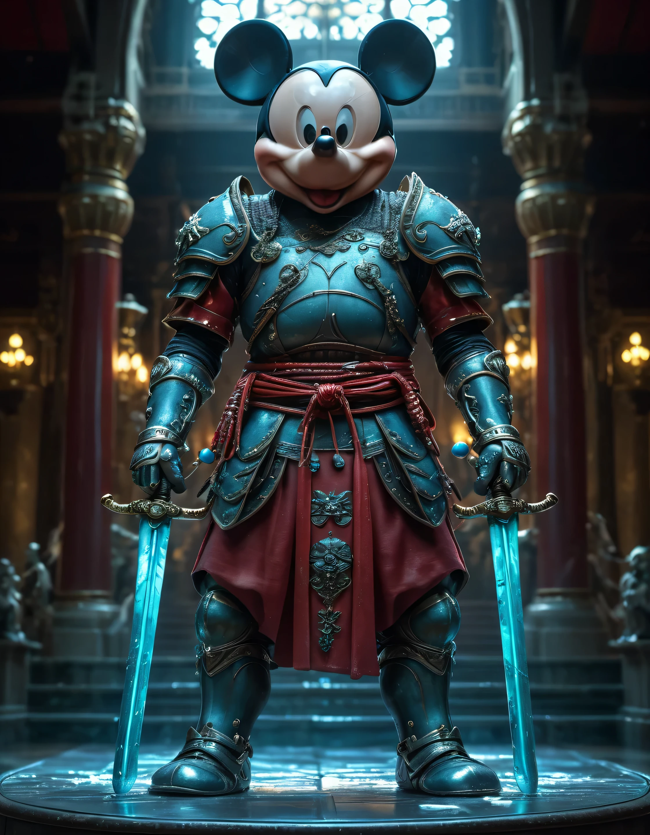 (masterpiece, best-quality:1.2) Photo of a [aquamarine-statue] of mickey-mouse as a samurai (war-god) displayed in a (museum) lotus holding (skulls, Dual Swords) (leather-armor) (shoulder-plates) (low-angle) quarter-view  isometric intricate powerful, menacing focused professional lighting (detailed highres  high saturation UHD) red