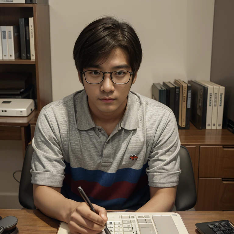 There is a man sitting at a desk with a keyboard and laptop, who is siwoo?, Yoon Se-seon, Korean Men, Hyuntae, Jungwon Charles Jeong, amazing, amazing man, Junhyung Hong, Shin Jeong-ho, Jinyoung Shin, Song Joong-ki portrait, Jungwon Jeong, Inspired by Lee Jung-geun, wearing glasses front view