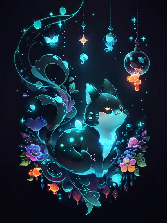 (((tmasterpiece))), 4k resolution, higly detailed, hiquality, hight resolution, ultradetailed, 8K, beste-Qualit, Cute cat hung beautifully in the air, among glowing fish and crystals, Fireflies, Magic Light, Neon