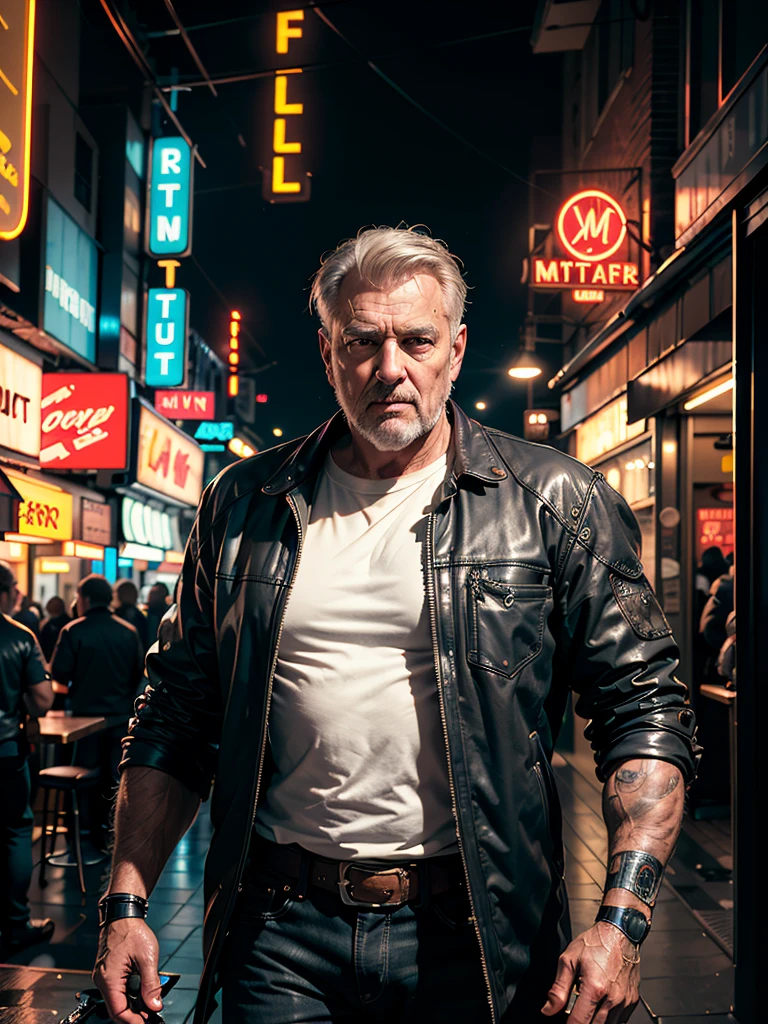 hyperrealism, (photorealistic:1.2), (film grain:1.3), masterpiece, best quality, perfect detail, cinematic lighting, professional photo, realistic photo, raw photo, cyberpunk style, gray-haired old man, torn clothes, cowboy hat, (mechanical arms :1.3), (cyborg:1.3), fantastic cafe, future, neon light, little light, looking at viewer