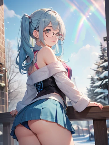 Take a photo from the front、snow country、The arrival of winter、big butt、 (alone:1.5,)Super detailed,bright colors, very beautiful detailed anime face and eyes, look straight, ;d, shiny_skin,girl, (((rainbow colored hair, colorful hair, Half blue、半分はpinkの髪: 1.2))) 、off shoulder、forehead is exposed.、green eyes、、shiny hair, delicate beautiful face, blush、(turquoise eyes), White skin, Valletta, mature earrings,、(Winter clothes）、（pink、slightly longer skirt、polka dot skirt）、long twin tails、Rimless Glasses、