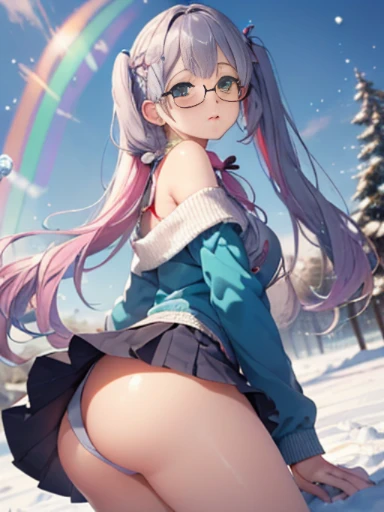 Take a photo from the front、snow country、The arrival of winter、big butt、 (alone:1.5,)Super detailed,bright colors, very beautiful detailed anime face and eyes, look straight, ;d, shiny_skin,girl, (((rainbow colored hair, colorful hair, Half blue、半分はpinkの髪: 1.2))) 、off shoulder、forehead is exposed.、green eyes、、shiny hair, delicate beautiful face, blush、(turquoise eyes), White skin, Valletta, mature earrings,、(Winter clothes）、（pink、slightly longer skirt、polka dot skirt）、long twin tails、Rimless Glasses、