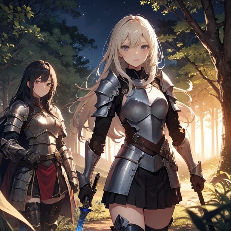 A group of  female knight, (in forest), various hair styles, harem, wearing armored clothes, metal armor, night, details face, , short skirt, seducing, sword 