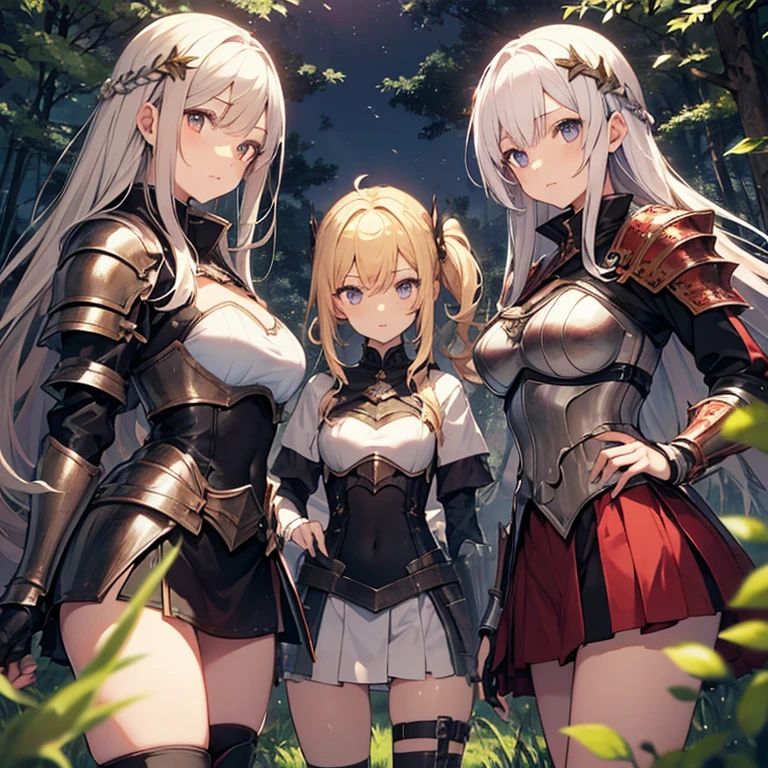 A group of female knight, (in forest), various hair styles, harem, wearing armored clothes, metal armor, night, details face, , short skirt, seducing, sword