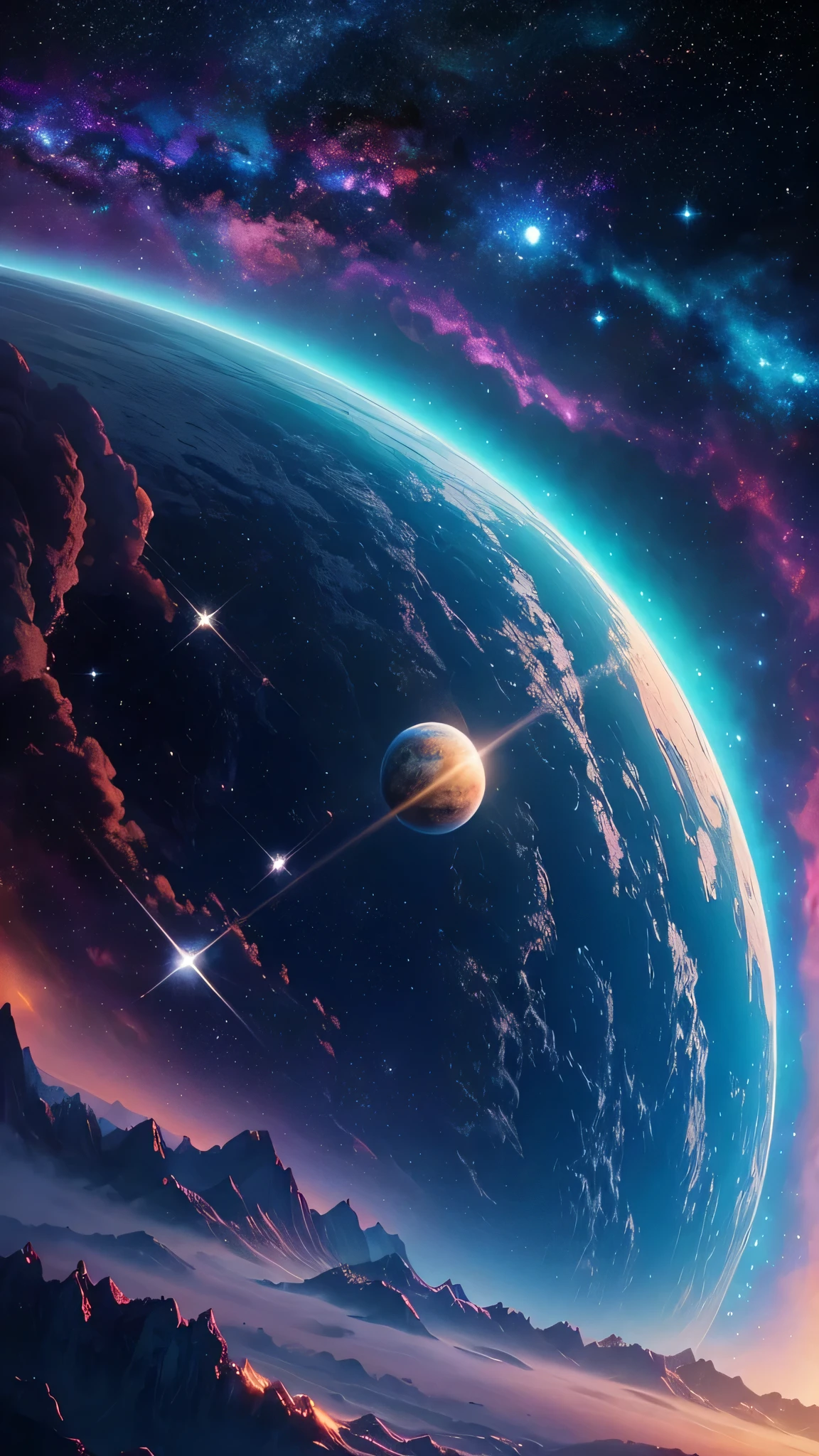 Create a unique painting, inspired by “Celestial Dreams”.,', which combines cosmic images and dreamy landscapes to create a surreal masterpiece, planet mit hohermkontrast, perfekt runder Planet erstrahlt in leuchtenden Farben