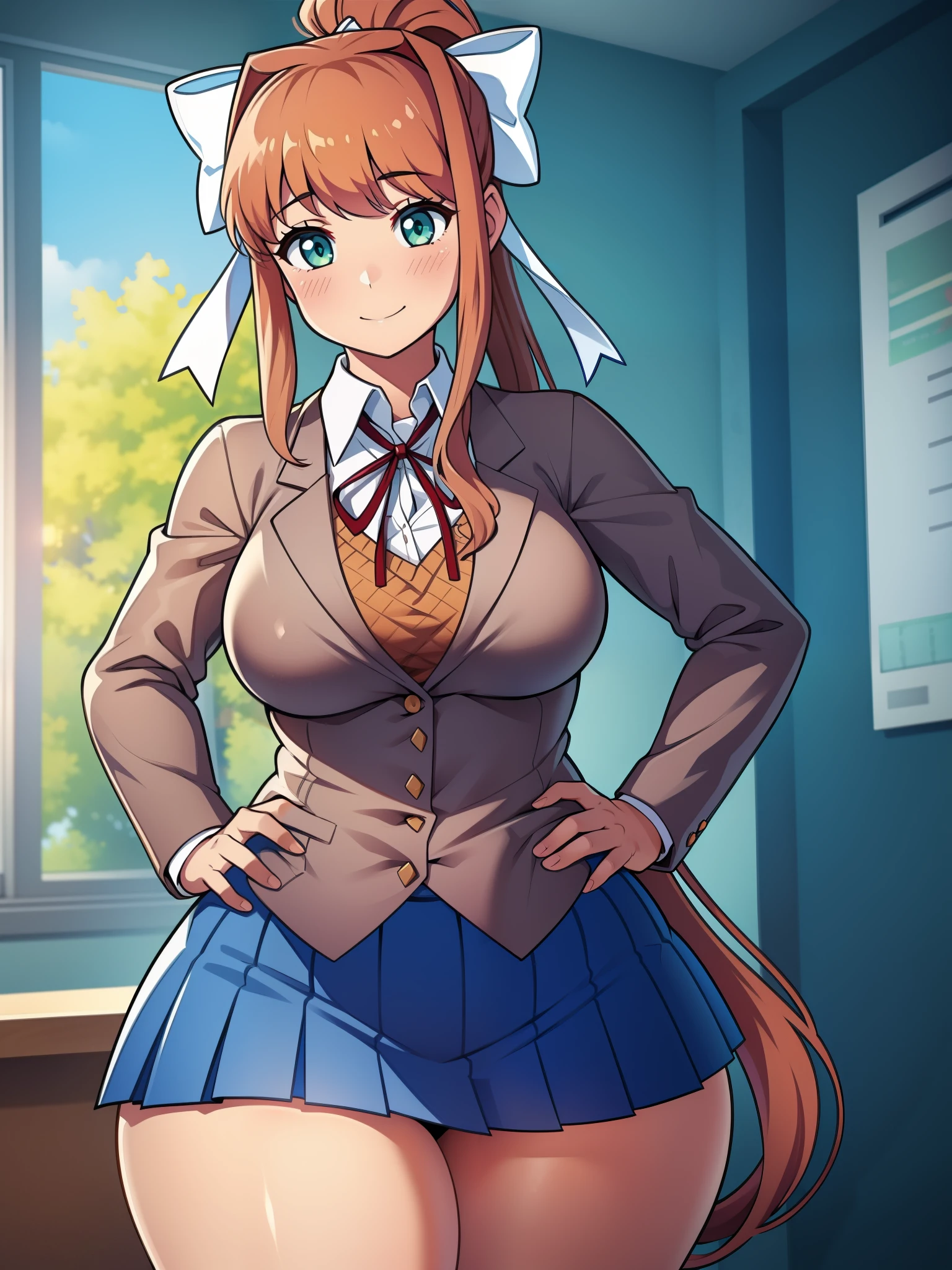 Masterpiece, high quality, best quality, beautiful, HD, perfect lighting, detailed face, detailed body, ultra cute face, cowboy shot 1.5, tuned to the side, ((1girl)), ((solo)), cute pose, (Monika),
brown hair, green eyes, very long hair, ponytail, (white bow), blazer, brown sweater, collared shirt, neck ribbon, blue skirt, school classroom, looking at viewer, (blush),
sweet smile, affectionate, medium breasts, perky breasts, wide hips, ((thick thighs)), chubby, hand on hip,