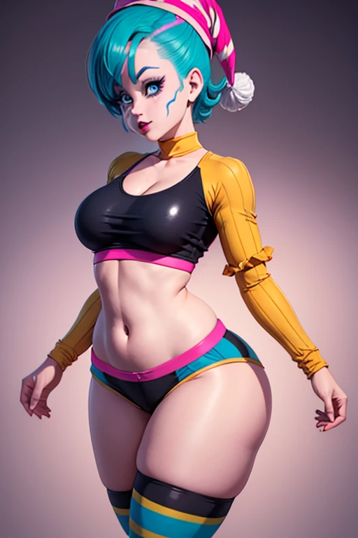 The full body image shows a Bulma from Dragon Ball, with harlequin hat, clown face paint, wearing cropped clown shirt, puffy sleeves, puffy crewneck, stomach navel exposed, large breasts, small waist, wide hips, thick legs, black panties, collarbone, clown 🤡, sexy body, it, night circus background, shiny skin, highest detailed, detailed clothes, pastel colors, detailed body, detailed face, back view