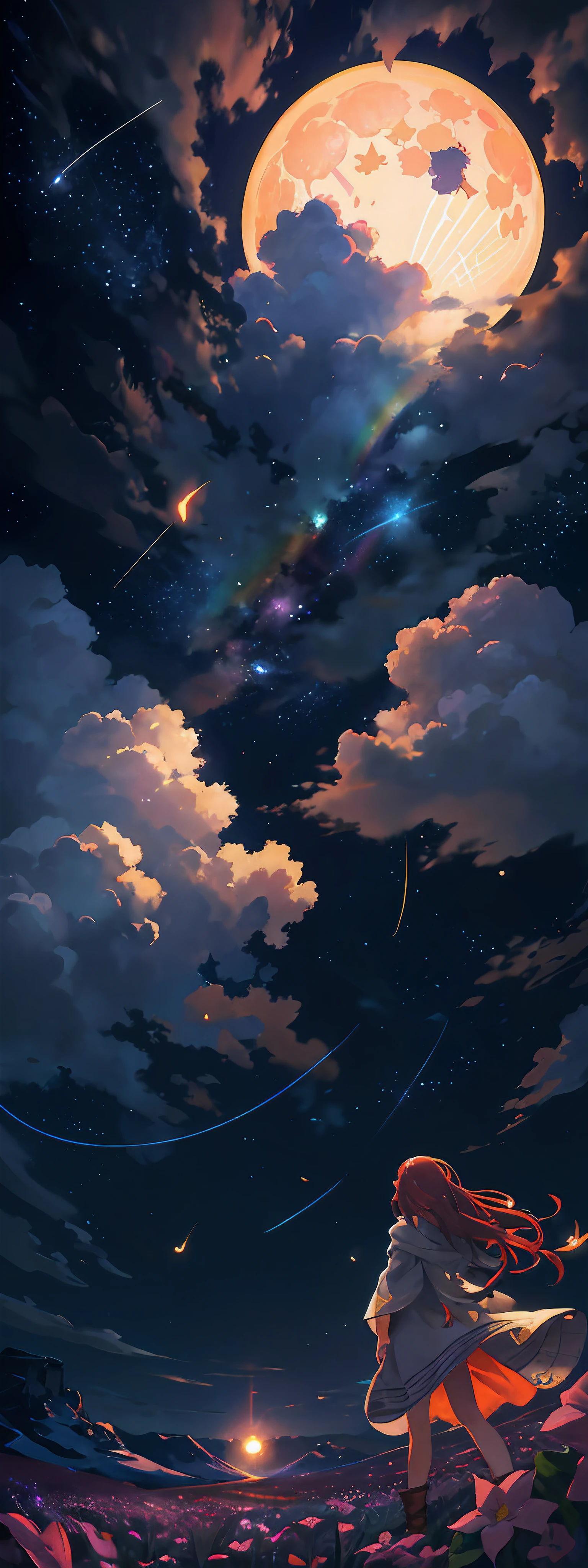 Vast landscape photo, (viewed from below, the sky is above and the open field is below), a girl standing on a flower field looking up, (full moon: 1.2), (meteor: 0.9), (nebula: 1.3), distant mountains , Trees BREAK Crafting Art, (Warm Light: 1.2), (Fireflies: 1.2), Lights, Lots of Purple and Orange, Intricate Details, Volumetric Lighting, Realism BREAK (Masterpiece: 1.2), (Best Quality), 4k, Ultra-Detailed, (Dynamic Composition: 1.4), Very Detailed, Colorful Details, (Rainbow Colors: 1.2), (Glow Lighting, Atmospheric Lighting), Dreamy, Magical, (Solo: 1.2)