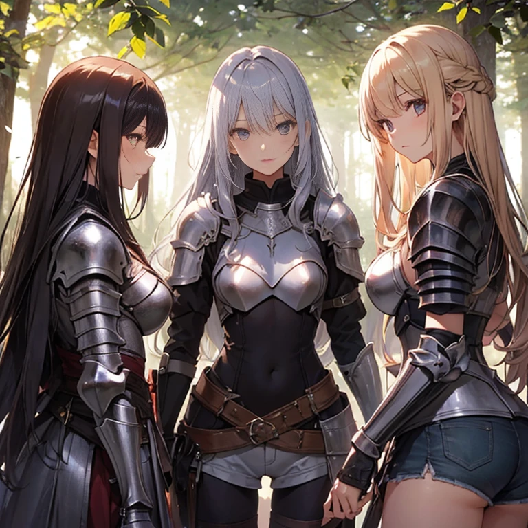 A group of  female knight, (in forest), various hair styles, harem, wearing armored clothes, metal armor, night, details face, , shorts, seducing, sword,  