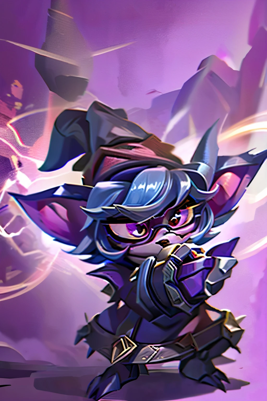 a female yordle from the video game League of Legends, with dark purple skin but not too dark, clear eyes, 2.5 feet tall, not very furry, with 4 fingers on each hand and foot, always with a knitted plushie of Veigar the yordle sorcerer, wearing glasses and a wizard's hat with flowers and flames, her outfit is light purple and red simulating flames, with a fringe towards the left covering one eye over the glasses, blue or light blue glasses, a dark blue bandana with thorn symbols around her neck, short ears with red fur inside, curly and short hair that is very light purple and fades to dark blue, with a sarcastic and evil attitude, for a d&d game