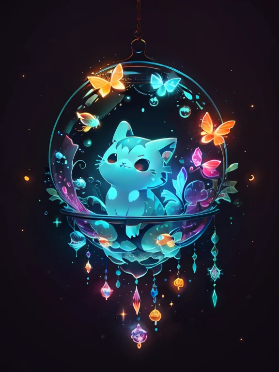 (((tmasterpiece))), 4k resolution, higly detailed, hiquality, hight resolution, ultradetailed, 8K, beste-Qualit, Cute cat hung beautifully in the air, among glowing fish and crystals, Fireflies, Magic Light, Neon