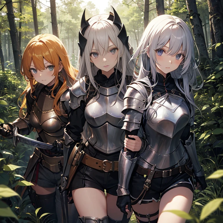 A group of  female knight, (in forest), various hair styles, harem, wearing armored clothes, metal armor, night, details face, , shorts, seducing, sword,  