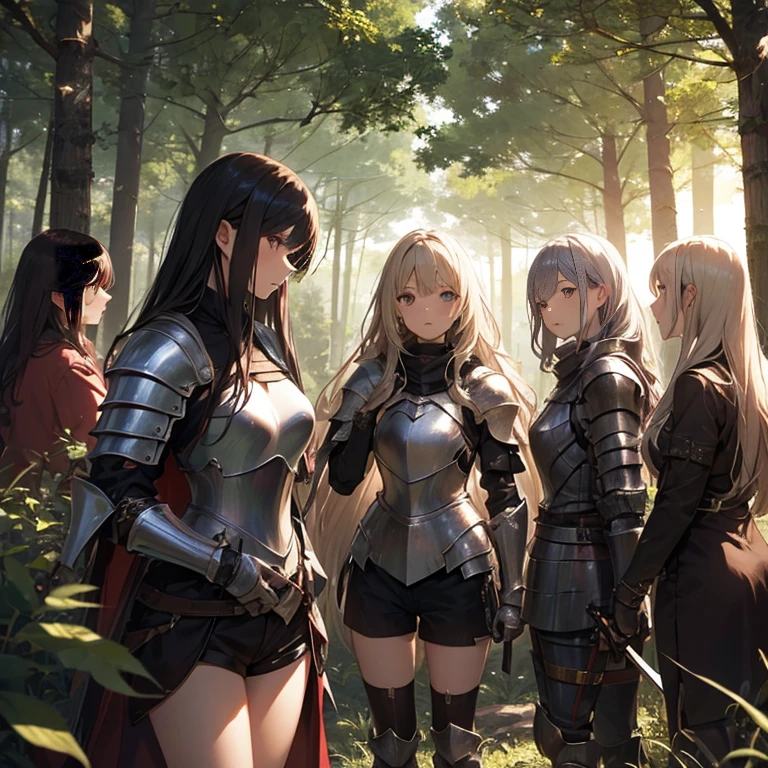 A group of  female knight, (in forest), various hair styles, harem, wearing armored clothes, metal armor, night, details face, , shorts, seducing, sword,  