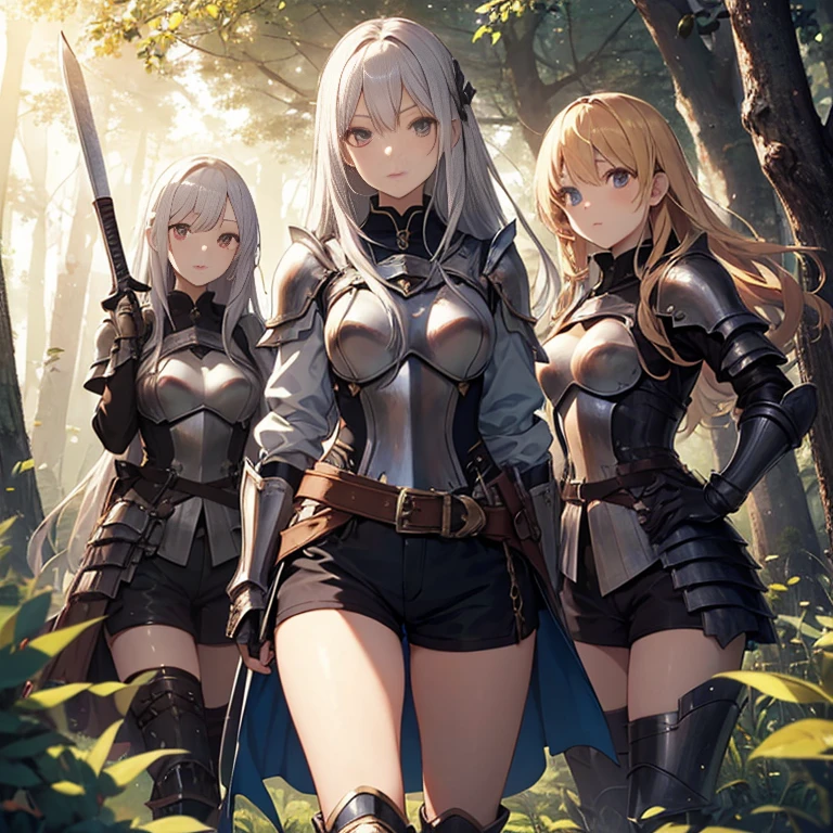 A group of female knight, (in forest), various hair styles, harem, wearing armored clothes, metal armor, night, details face, , shorts, seducing, sword,