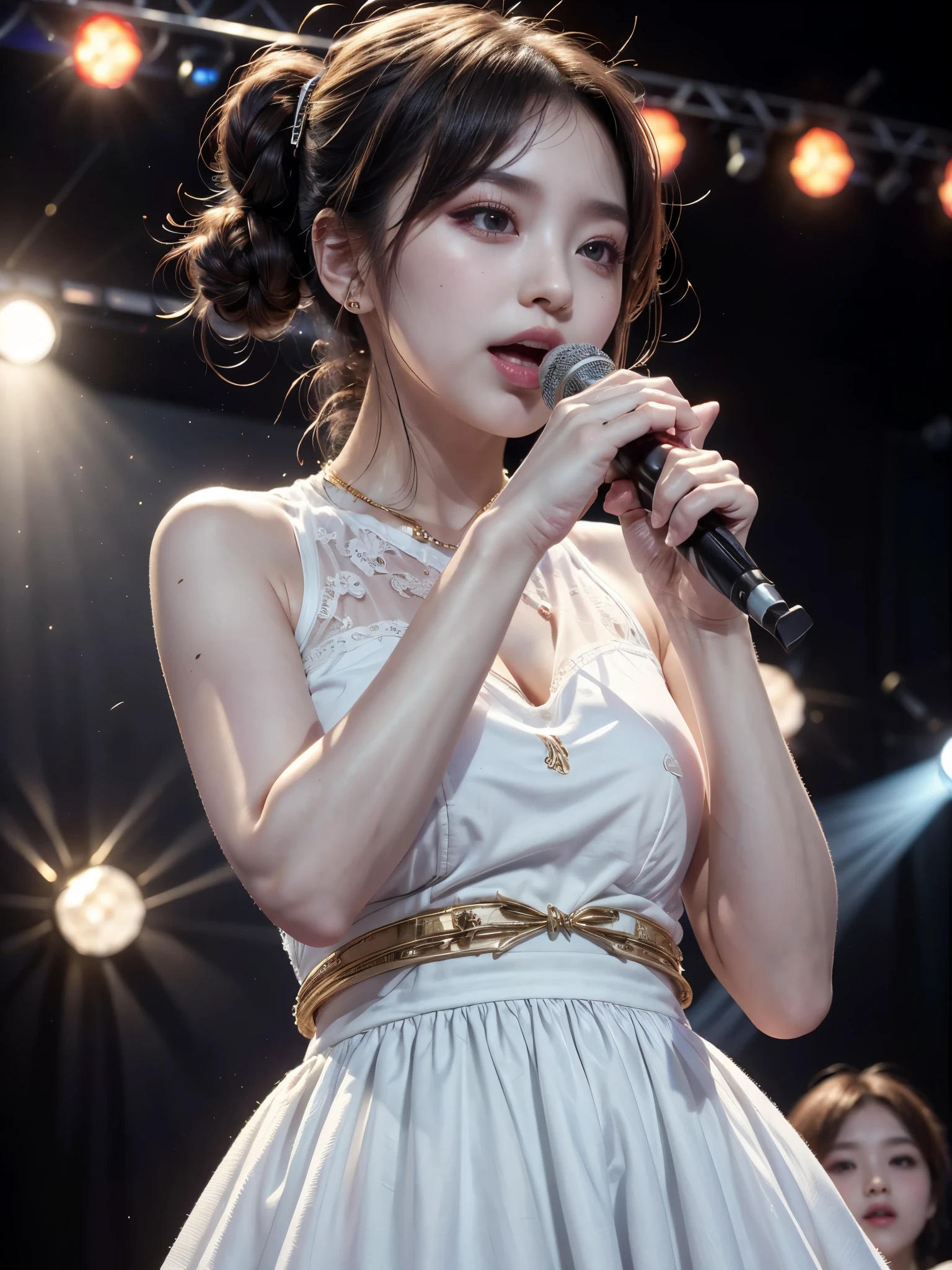 (High level image quality、high quality、High resolution、detailed、masterpiece), shikamimi, Photographed with canon eos 5d, rorish, perform on stage, concert photos, cute core、watching the audience、Very beautiful and beautiful K-POP female idol, singing at live stage , singing scene, dress scene, looking at the viewer, Brightly colored clothing,, Warm light