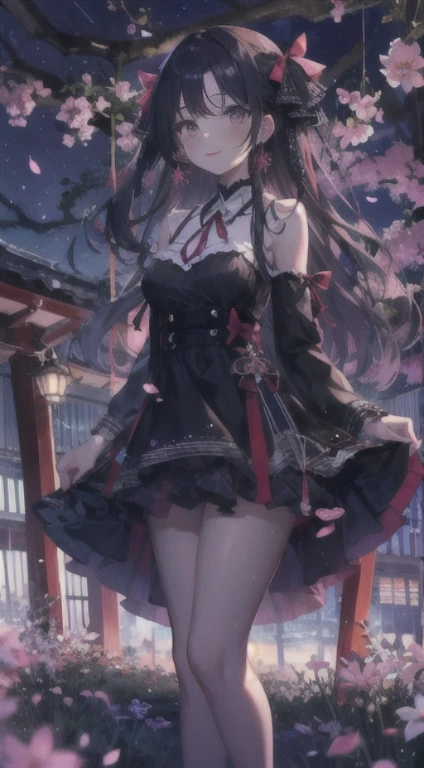 masterpiece, highest quality, be familiar with, 1 girl, alone, night sky, outdoor, full moon, performer, cloud, night,, dark cherry blossoms, (black dress), long hair, evil smile, red ribbon, striped, thighs