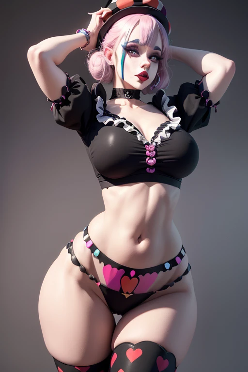 The full body image shows a Goth Woman with harlequin hat, clown face paint, wearing cropped clown shirt, puffy sleeves, puffy crewneck, stomach navel exposed, large breasts, small waist, wide hips, thick legs, black panties, collarbone, clown 🤡, sexy body, it, night circus background, shiny skin, highest detailed, detailed clothes, pastel colors, detailed body, detailed face, back view