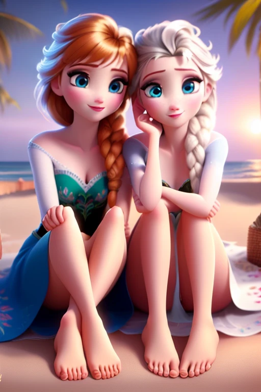 A perfect paradise beach scene with two beautiful girls sitting by the sea. The girls have mesmerizing, detailed eyes, and lips. The sandy beach and crystal-clear blue water create a breathtaking view. The sun is shining brightly, casting a warm golden light on everything. The girls are wearing colorful swimsuits, adding a vibrant touch to the scene. The soft ocean breeze gently rustles their hair as they enjoy the peaceful moment. The overall image quality is of the highest standard, with ultra-detailed textures and realistic rendering. The colors are vivid and vibrant, creating a lively and joyful atmosphere. The lighting is beautifully balanced, capturing the natural beauty of the beach. The art style leans towards a realistic portrayal, with a touch of photographic elegance.elsa