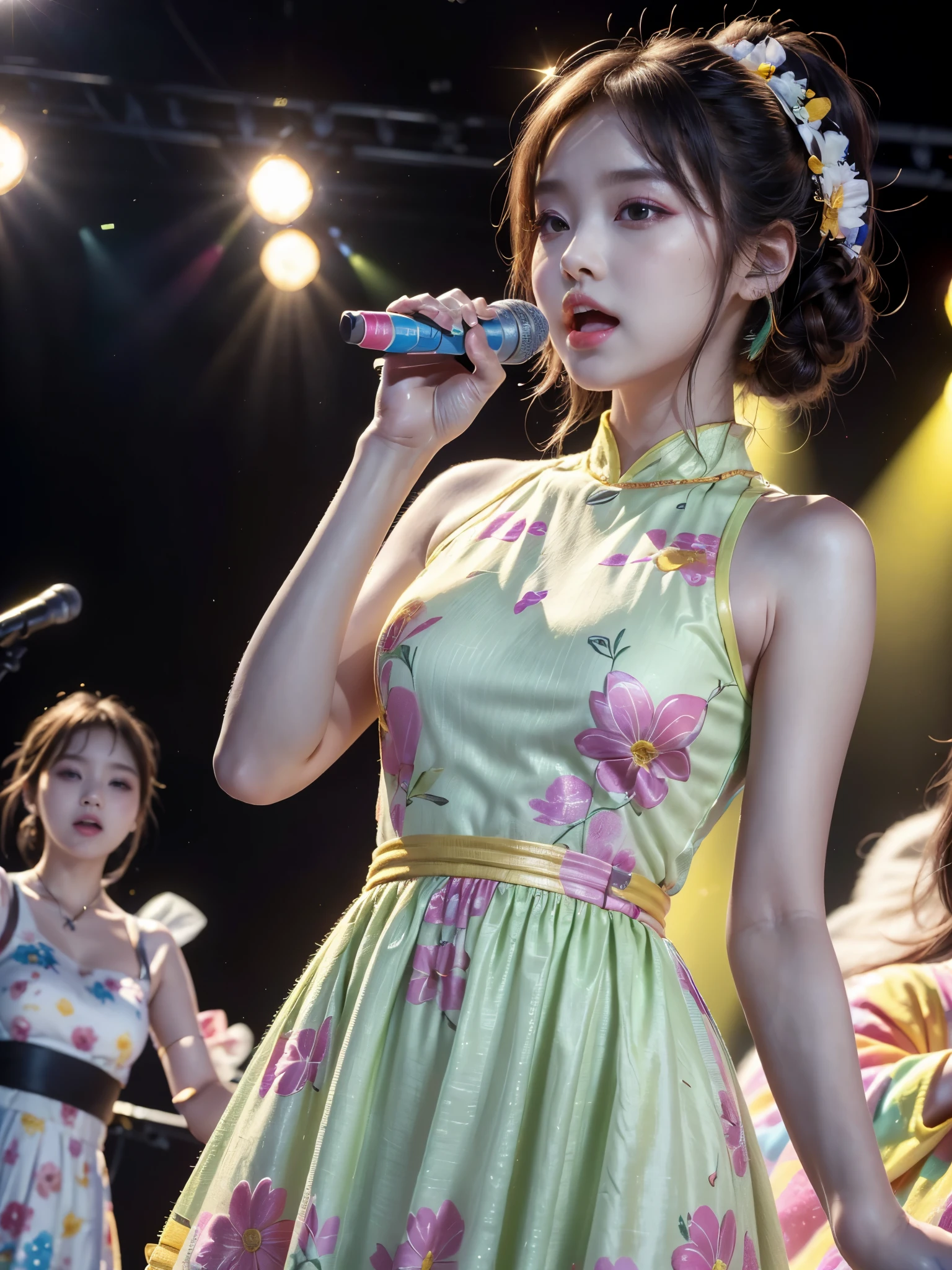 (High level image quality、high quality、High resolution、detailed、masterpiece）, shikamimi, Photographed with canon eos 5d, rorish, perform on stage,  concert photos, cute core、(watching the audience)、Very beautiful and beautiful K-POP female idol, singing at live stage ,  singing scene, dress scene,  ((Brightly colored clothing)), Warm light