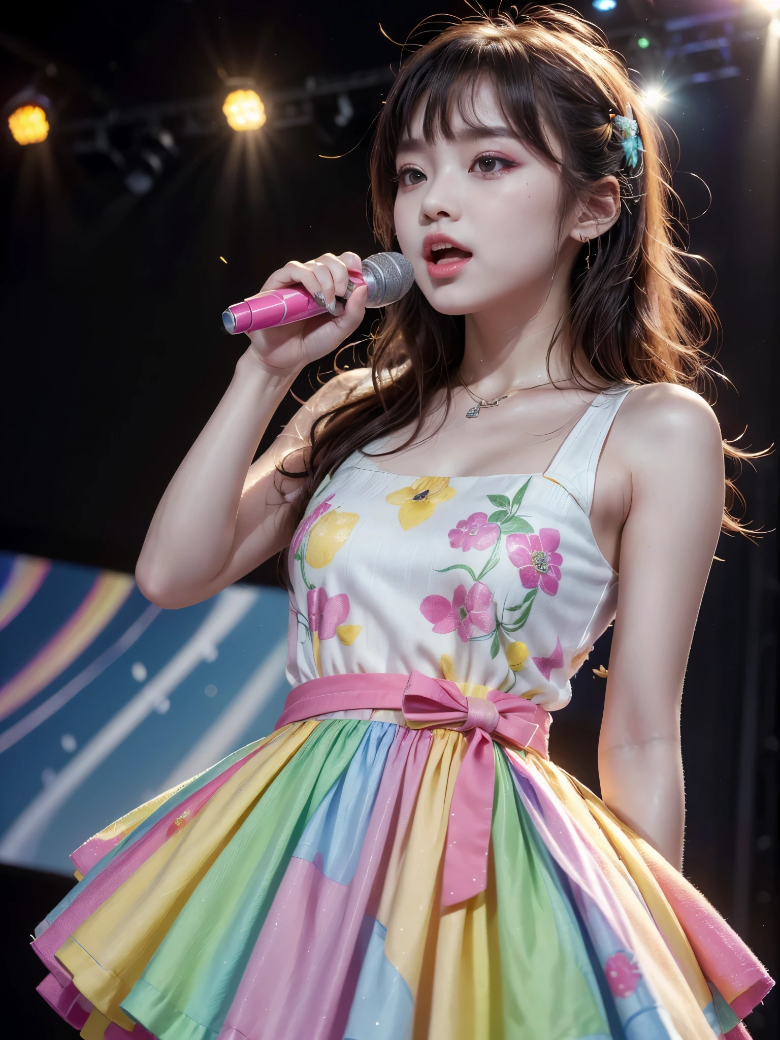(High level image quality、high quality、High resolution、detailed、masterpiece）, shikamimi, Photographed with canon eos 5d, rorish, perform on stage,  concert photos, cute core、(watching the audience)、Very beautiful and beautiful K-POP female idol, singing at live stage ,  singing scene, dress scene,  ((Brightly colored clothing)), Warm light