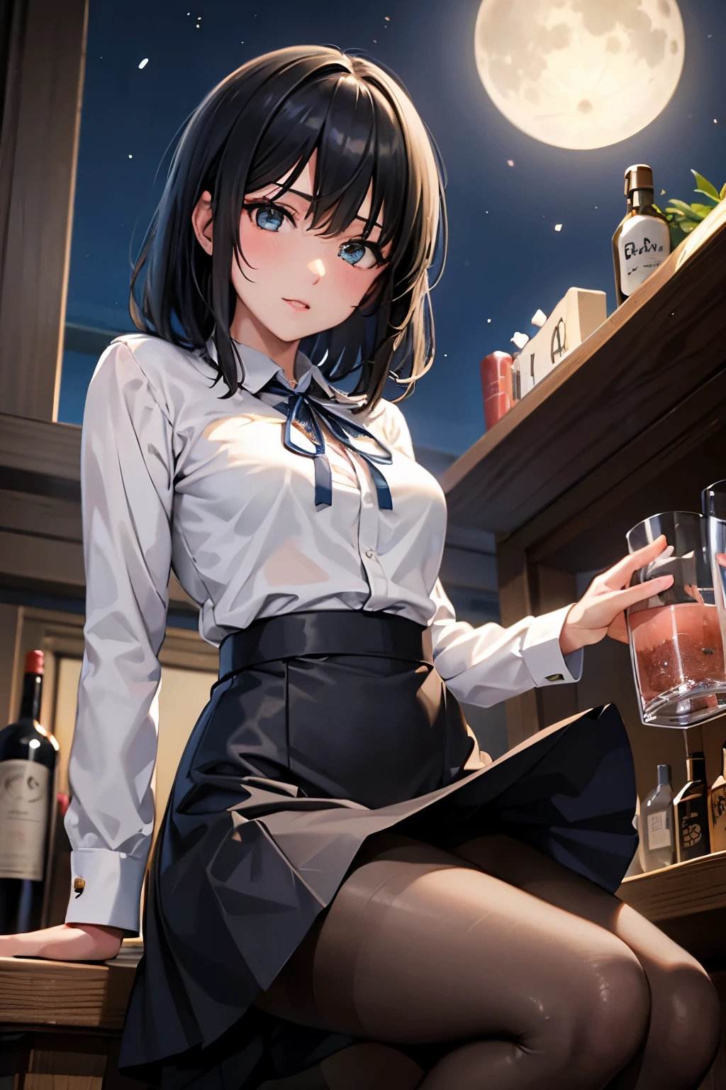 Fubuki, Bartender's clothes、pantyhose、Photo from below、full moon、medium chest、bootini skirt、blouse、Commer Best