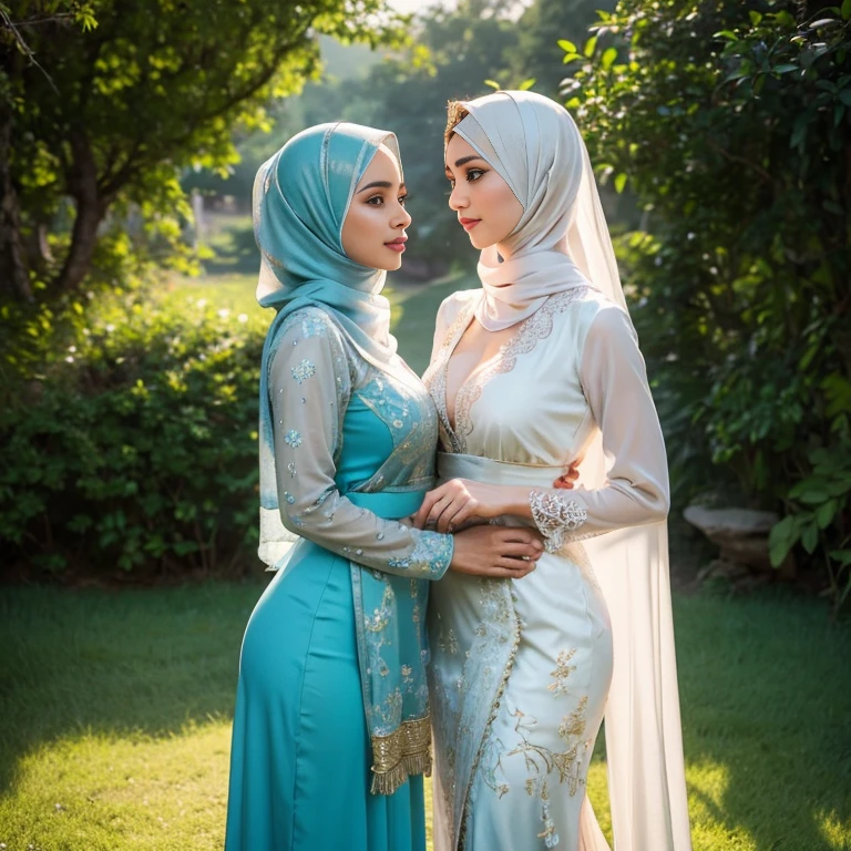 half body, beautiful muslimah girls, wearing traditional transparent silk kebaya, a couple, ultra-detailed, detailed faces, detailed skins, 8k masterpieces, cinematic lighting, perfect round bosom, voluptuous bosom, slim and slender body, long hijab, eid mubarak, in malay village, in the meadow, seducing the viewer, seductive face, flirting, revealing, intimacy, looking at each other, hands squeezing the bosom