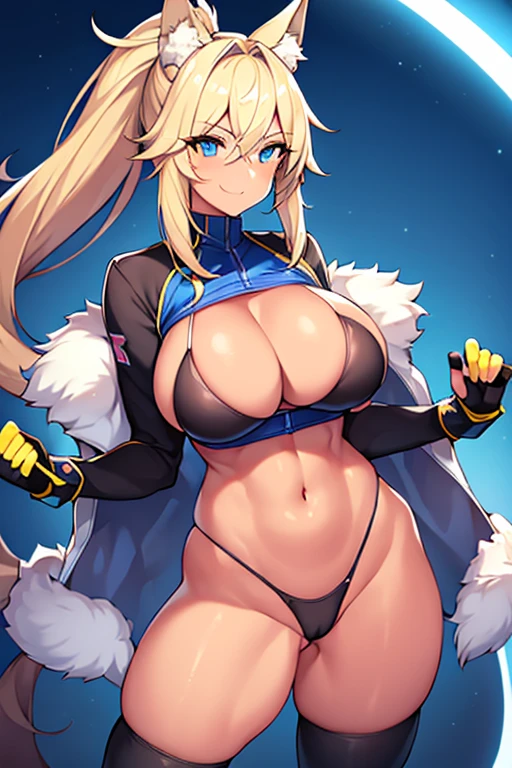 1girl, large breasts, breasts, thick thighs, wide hips, wolf ears, wolf tail, blonde hair, tan skin, tan body, tan, toned, toned female, gloves, fingerless gloves, black jacket, jacket, sports bra, sportswear, blue neon trim, blue trim, highleg panties, neon trim, neon, machinery, futuristic, light smile, cutout, mature female, ponytail, long ponytail, cameltoe, pointy hair, spiked hair, blue eyes, baseball cap, cap, hat, tall, tall female