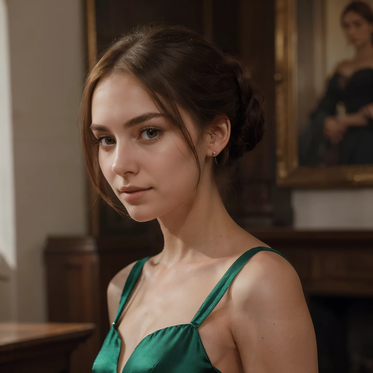 "19 years old British Lady Charlotte Victoria Fitzwilliam exudes elegance with her long, flowing chestnut hair, swept into a sophisticated chignon. Her piercing sapphire eyes hold a quiet confidence, framed by delicate brows and high cheekbones. She carries herself with grace, her slender frame adorned in a tailored dress of rich emerald silk, accentuating her regal bearing."