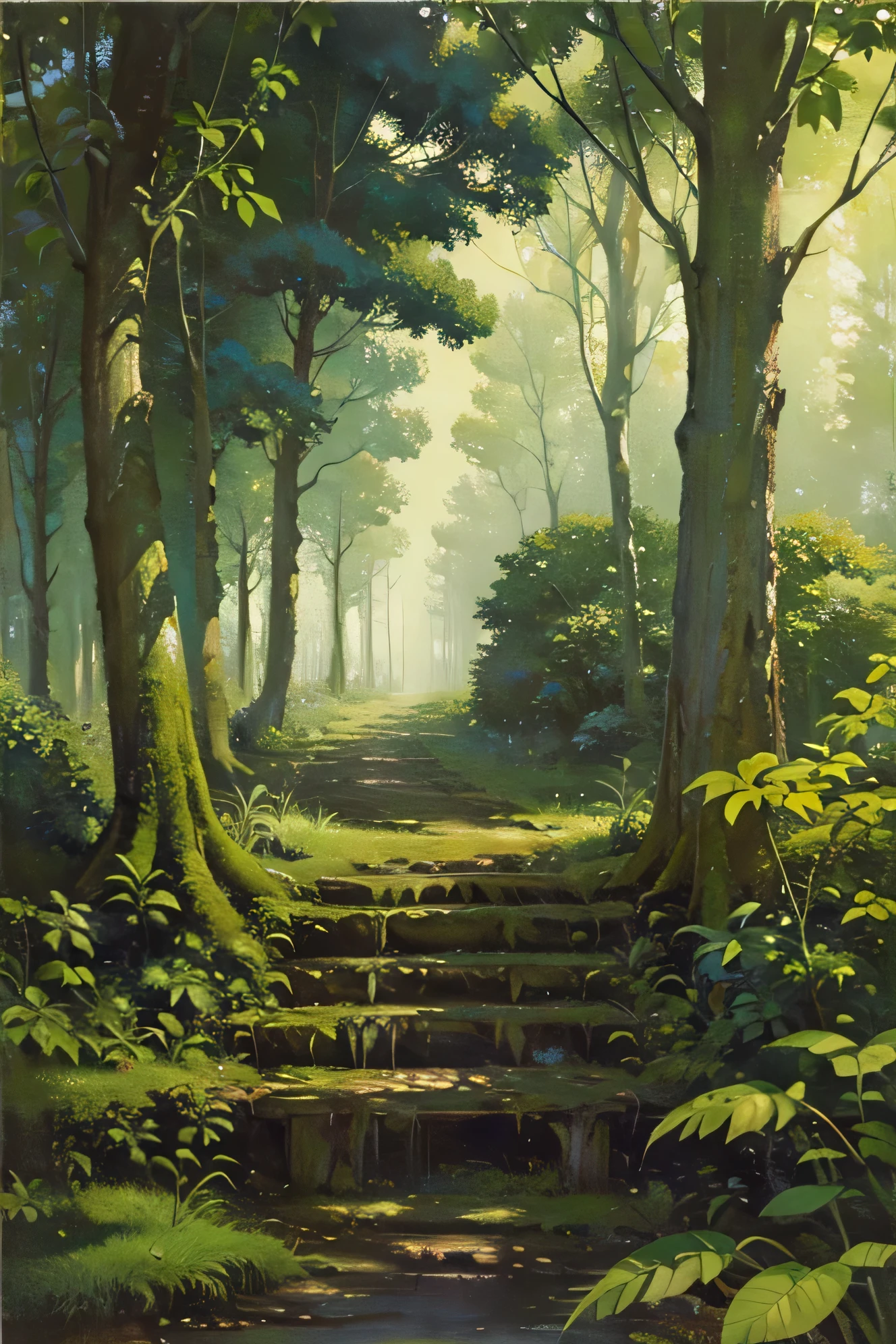 hyper-realistic and super-detailed masterpiece that shows the vegetation of a ancient and mysterious forest, exotic foliage